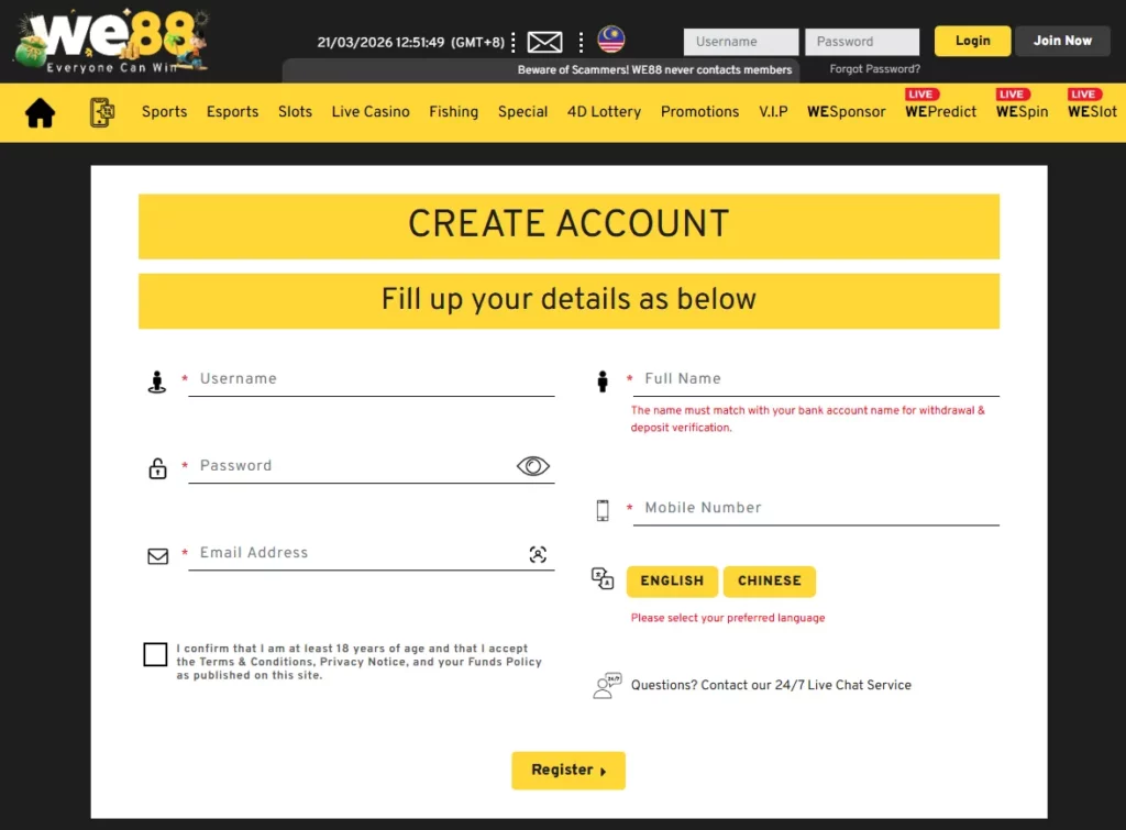 WE88 Malaysia Account Registration